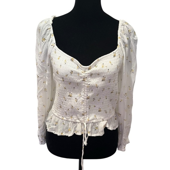 🧁Hollister White & Yellow Floral Ruffle Long Sleeve Top dinner summer spring - Picture 1 of 7